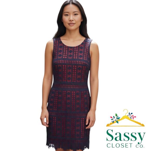 TOMMY HILFIGER Red Dress – Navy Crochet Overlay – Size 10 – EUC – Classic Fit - Picture 1 of 7